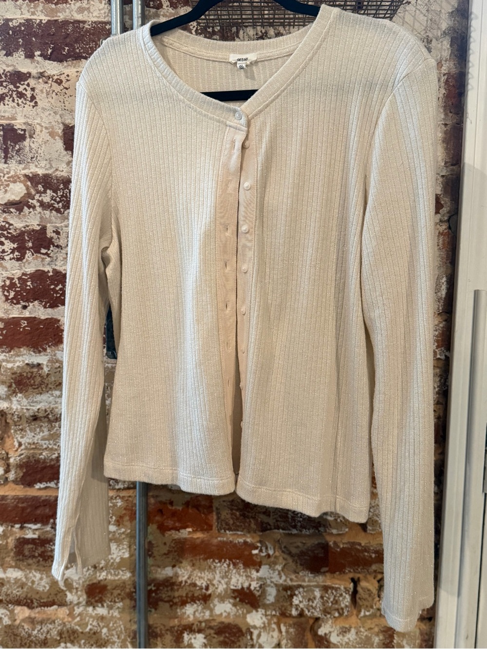 Aerie Sparkle Ribbed Button-Front Cardigan, Size XL